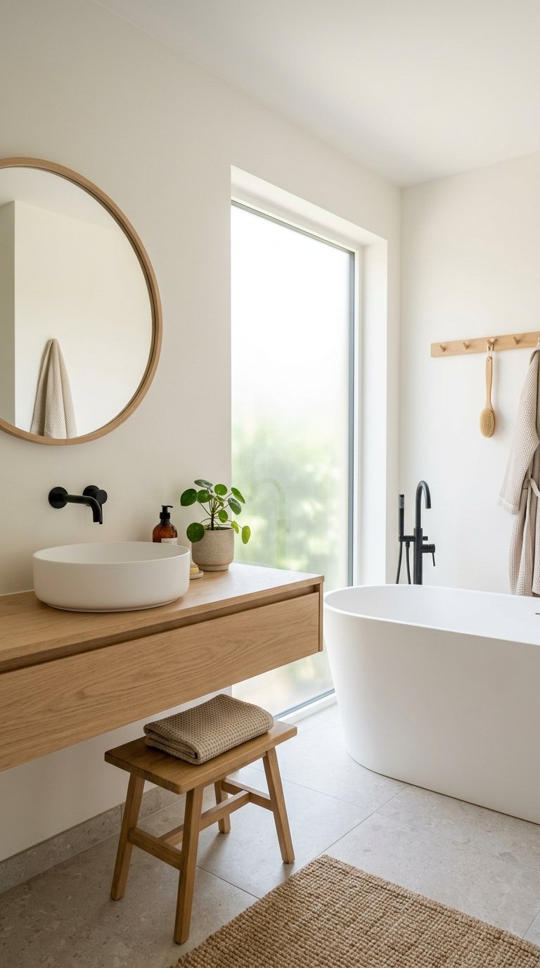 A bright bathroom with a wooden vanity, white sink, round mirror, green plant, and light stone floor tiles.