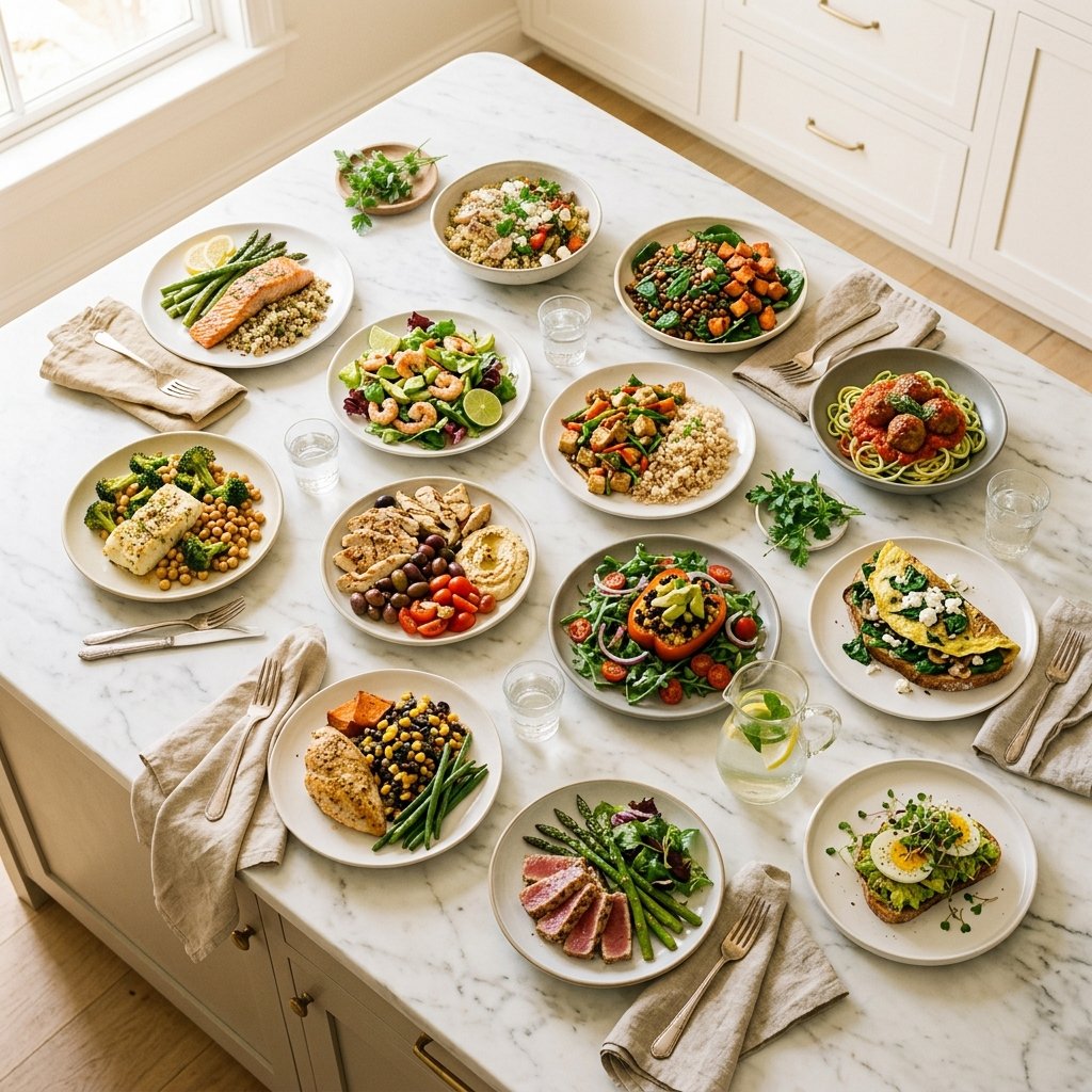 A variety of healthy high-protein meals arranged on a white marble surface, featuring dishes like grilled salmon, quinoa bowls, roasted vegetables, and lentil salads.