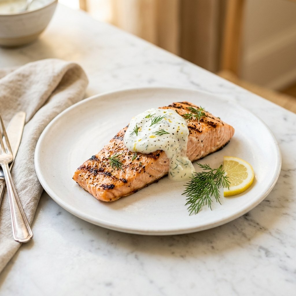 Grilled salmon fillet with lemon-dill yogurt sauce on a white plate placed on a marble surface, garnished with dill and a lemon wedge.