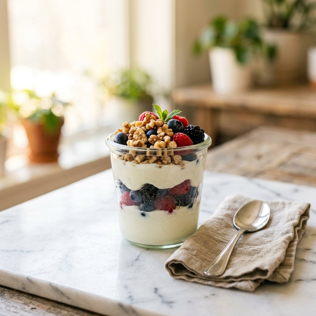 A glass jar filled with Greek yogurt parfait layered with mixed berries and walnuts on a white marble surface with a spoon and napkin beside it.