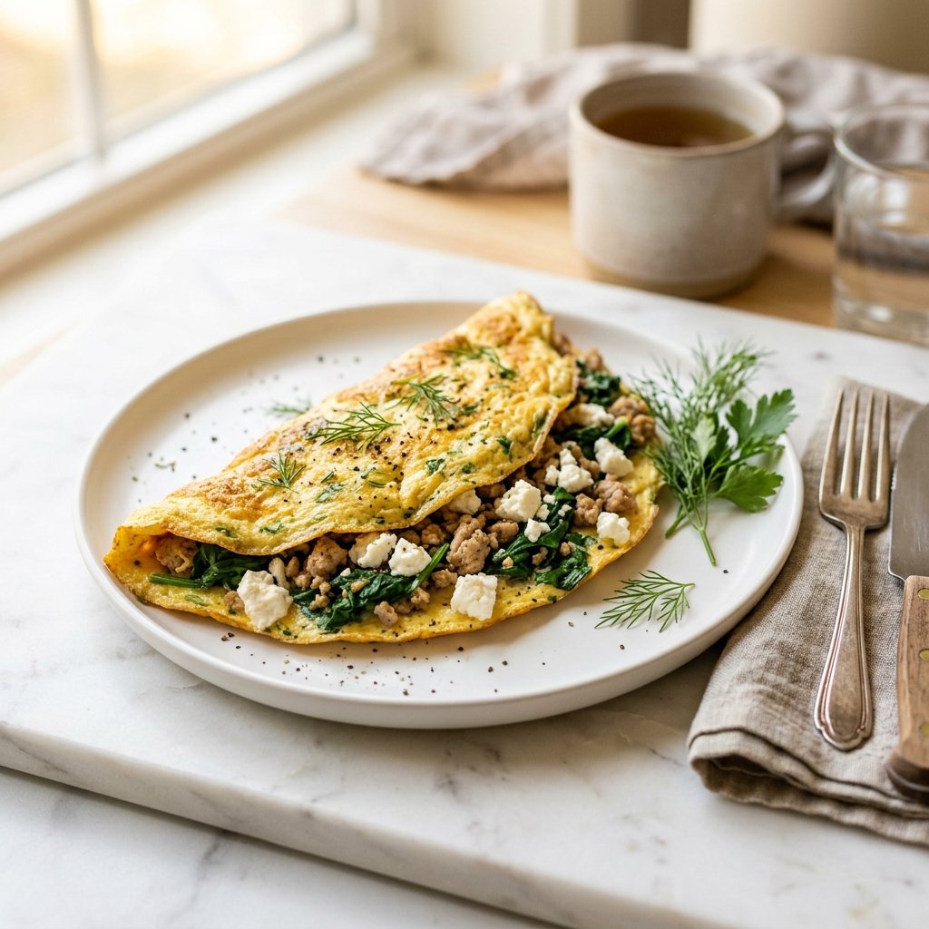 A plated turkey and spinach omelet with feta on a white marble surface, accompanied by a small herb garnish.