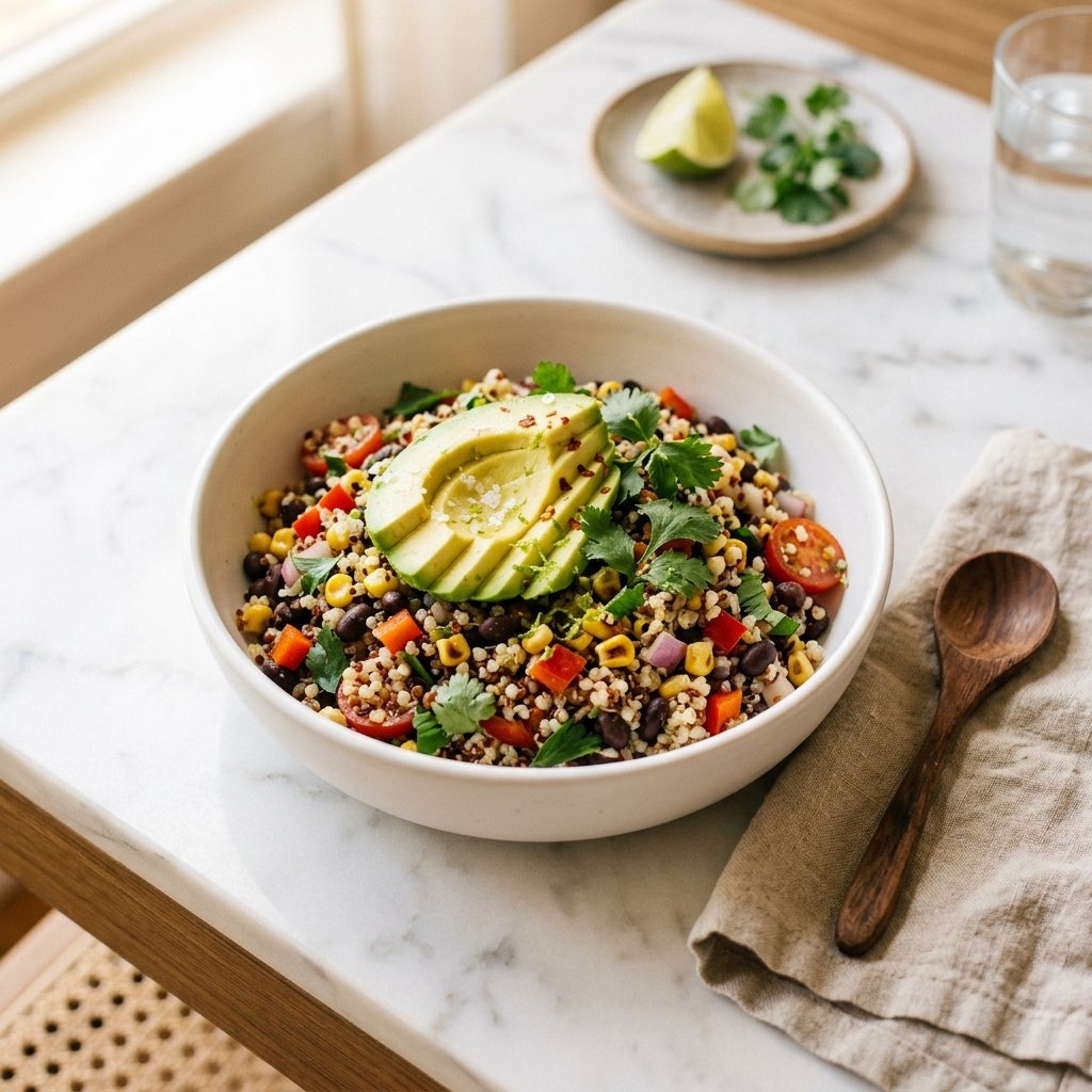 A bowl of quinoa and black bean salad with avocado on a white marble surface, accompanied by a wooden spoon and a linen napkin.