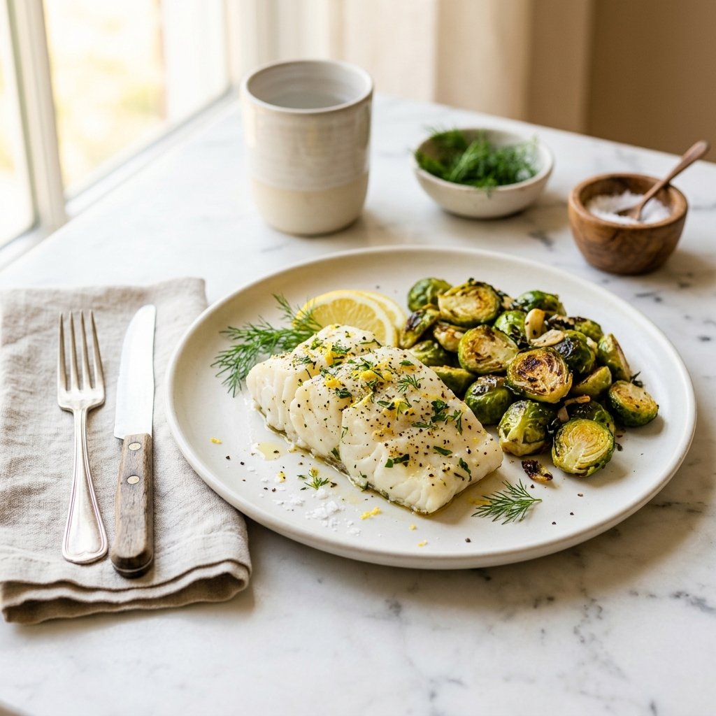 A plate of baked cod with roasted Brussels sprouts on a white marble surface, with warm natural light highlighting the food.