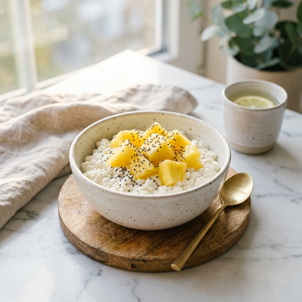 A bowl of cottage cheese topped with pineapple pieces and chia seeds on a white marble surface.
