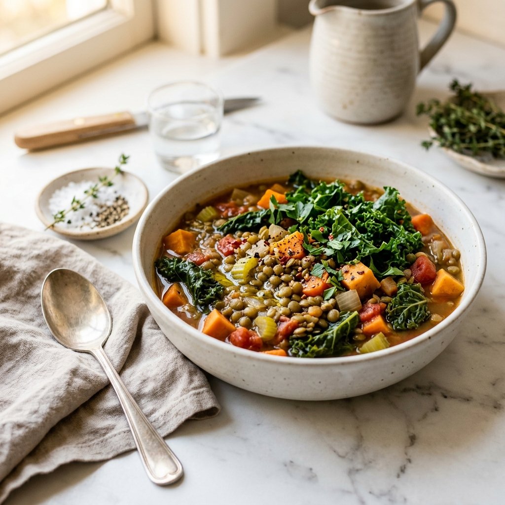 A bowl of lentil and vegetable stew with kale on a white marble surface.