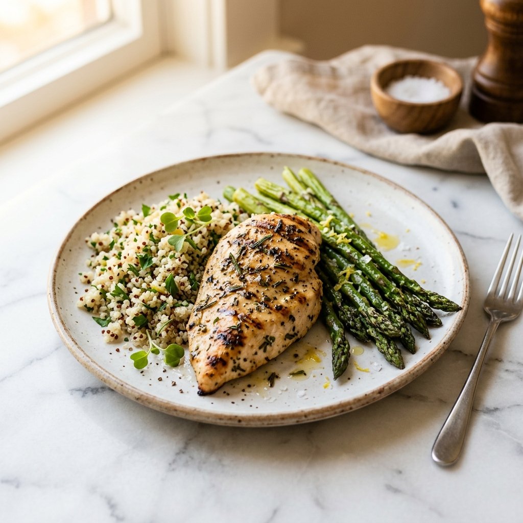 A plate with grilled chicken breast, asparagus, and quinoa on a white marble surface.
