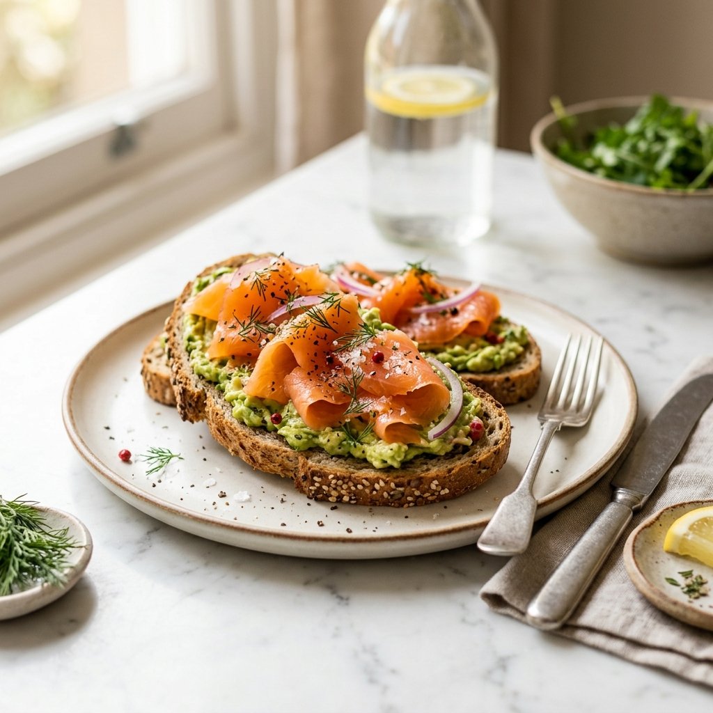 A plate of smoked salmon and avocado on whole-grain toast placed on a white marble surface.