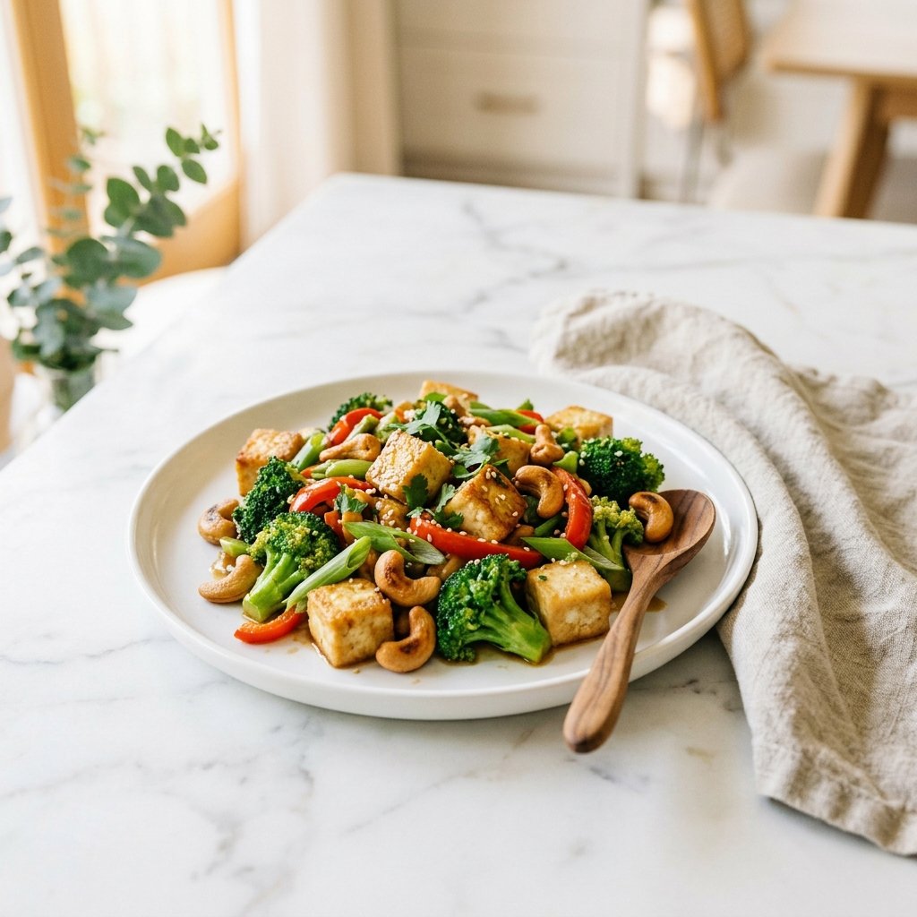 A plate of tofu stir-fry with broccoli and cashews on a white marble surface with a wooden spoon and napkin nearby.