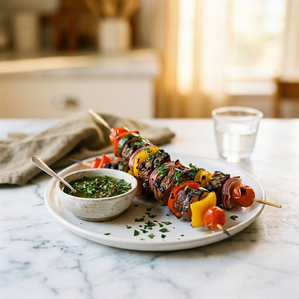 Grilled beef and vegetable kabobs with chimichurri sauce on a white marble surface.