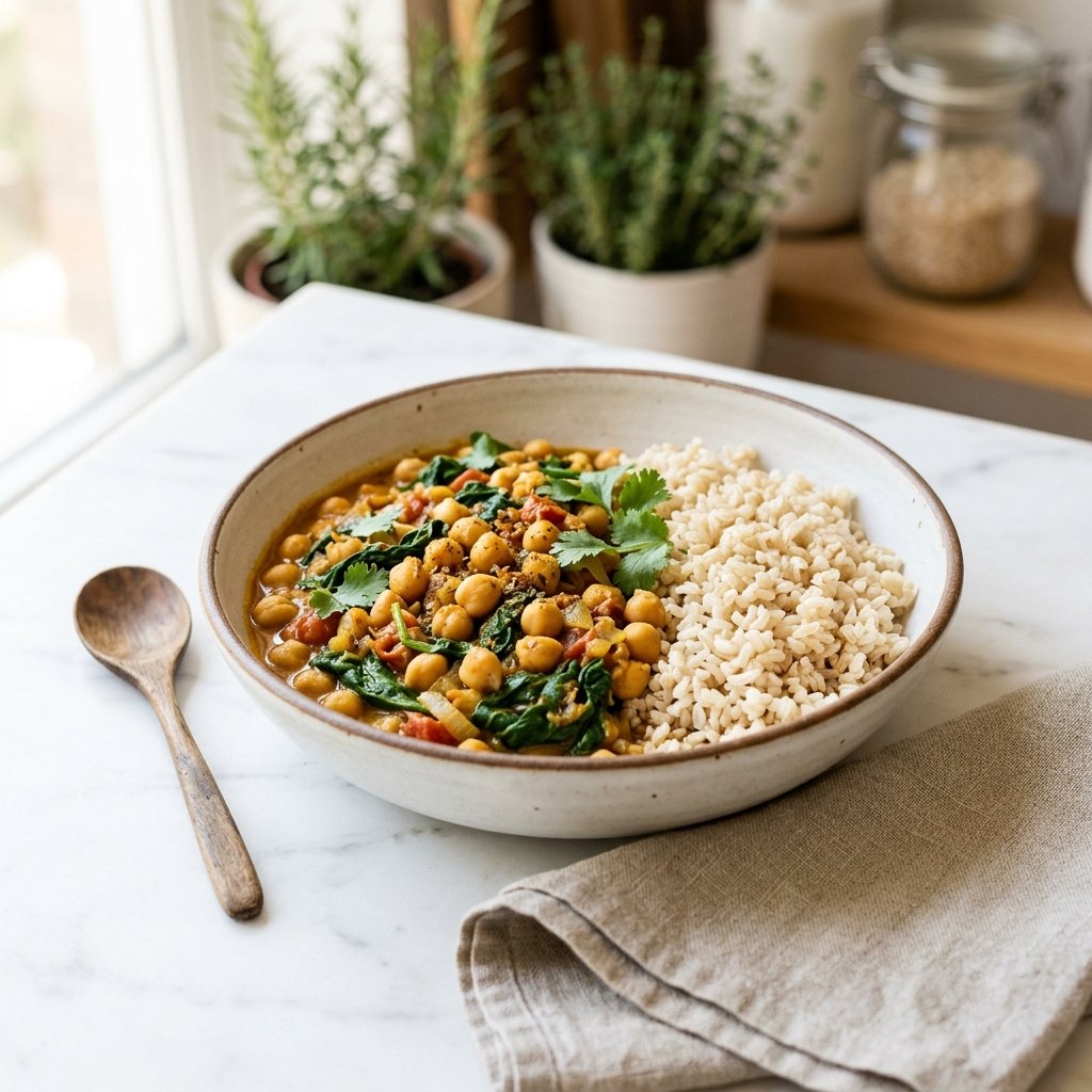 A bowl of chickpea and spinach curry with brown rice on a white marble surface, accompanied by a wooden spoon and a linen napkin.