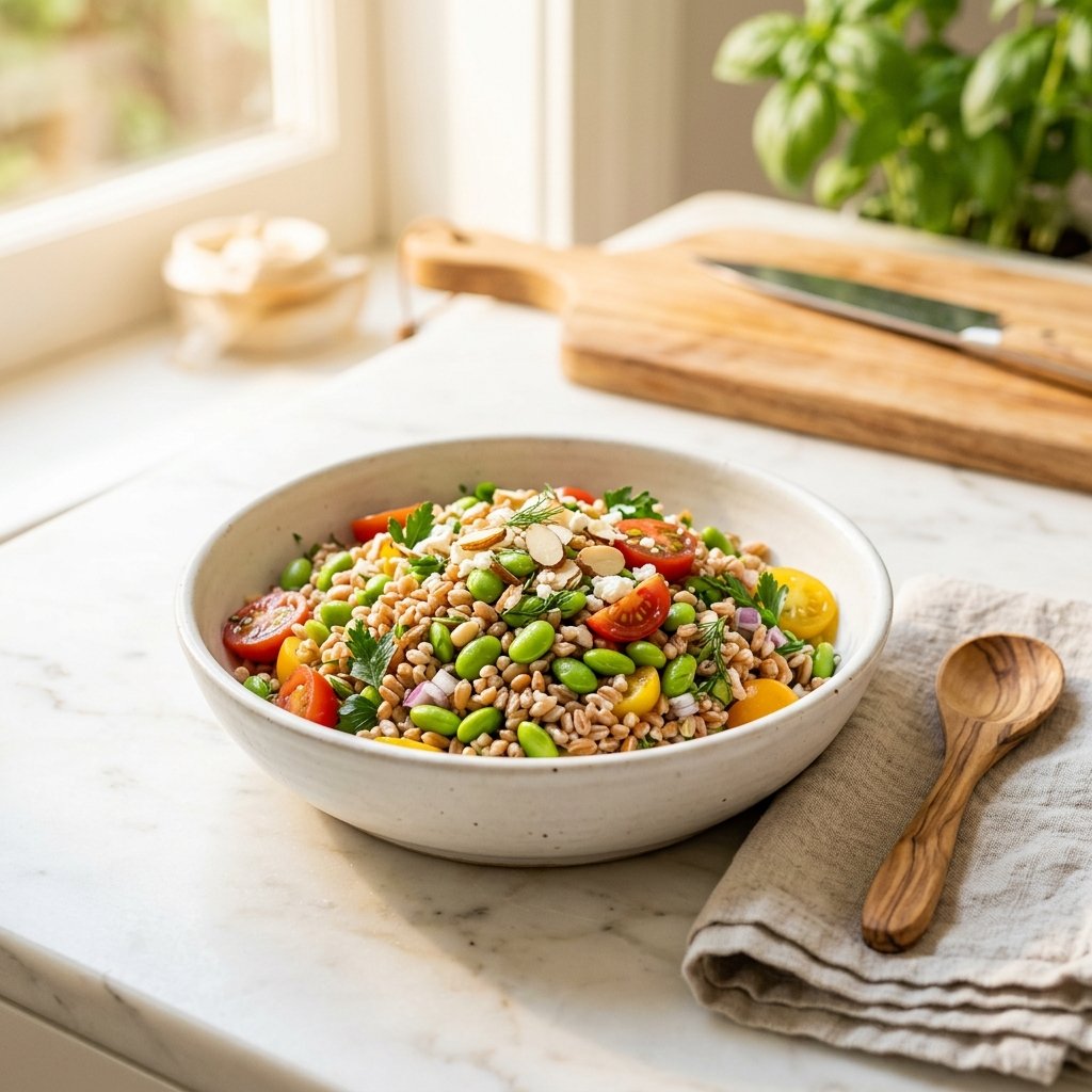 A bowl of edamame and farro salad with cherry tomatoes on a white marble surface with a wooden spoon and linen napkin nearby.