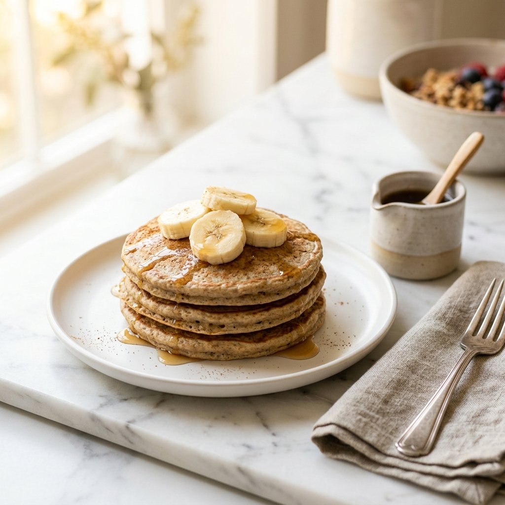 Stack of protein pancakes topped with banana slices and syrup on a white plate, placed on a white marble surface with a small jug of syrup nearby.