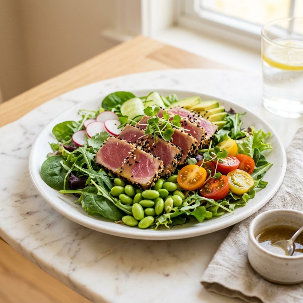 A plate of seared tuna salad with mixed greens and edamame on a white marble surface.