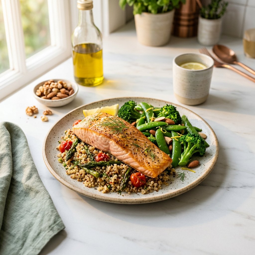 An elegantly plated high-protein meal with vegetables and grains on a white marble surface, illuminated by warm natural light.