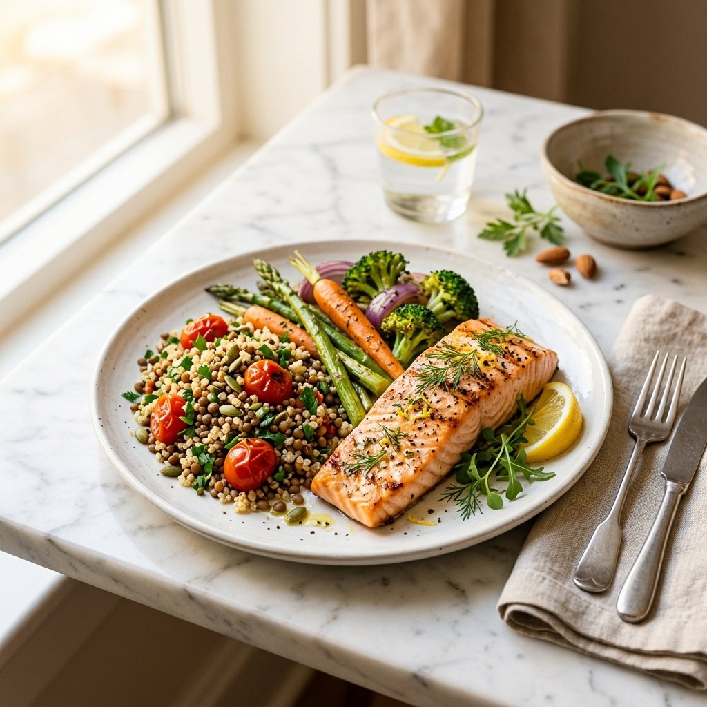 A beautifully plated high-protein meal with vegetables and grains on a white marble surface.