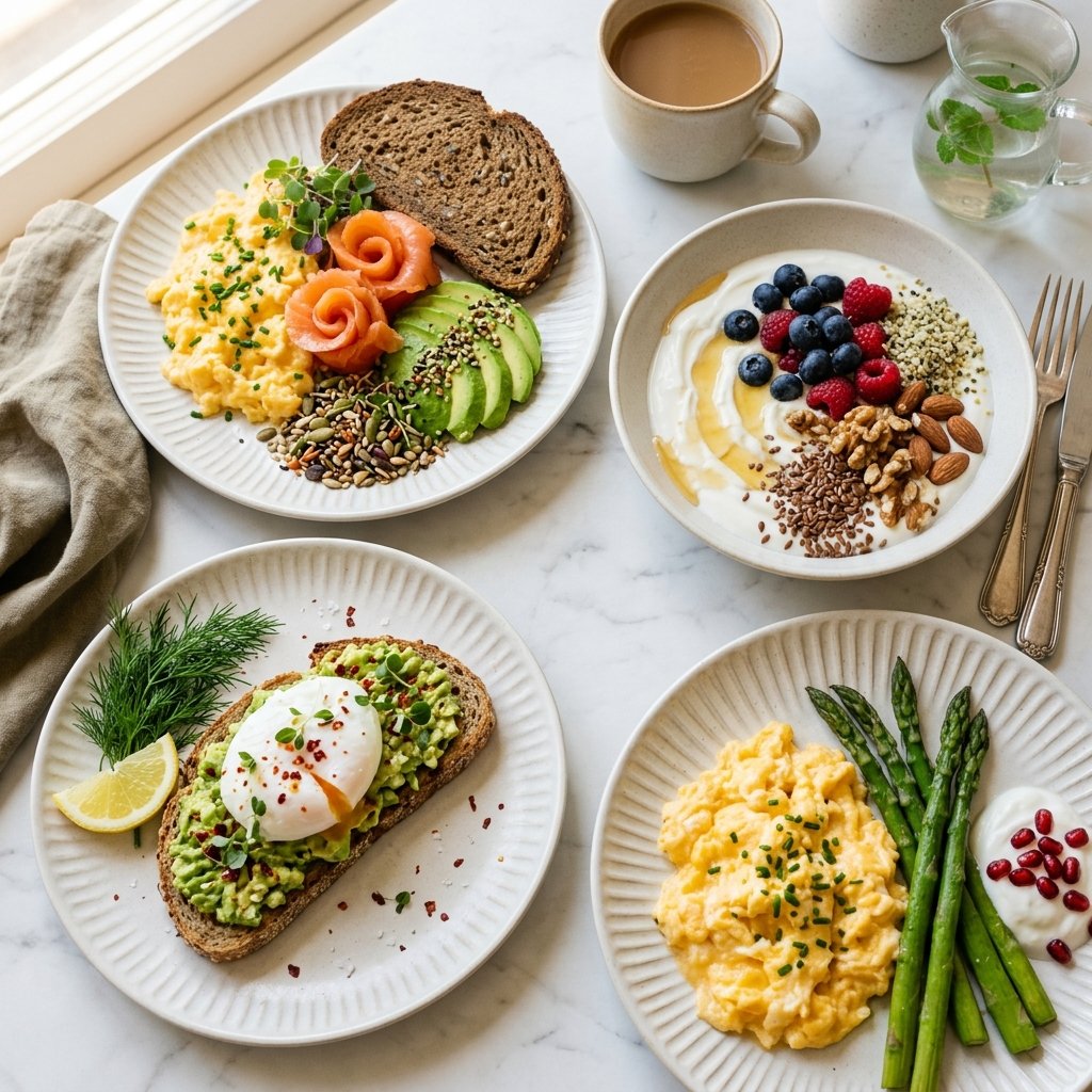 A variety of high-protein breakfast dishes arranged on white plates on a marble surface, including eggs, avocado, berries, nuts, and smoked salmon.