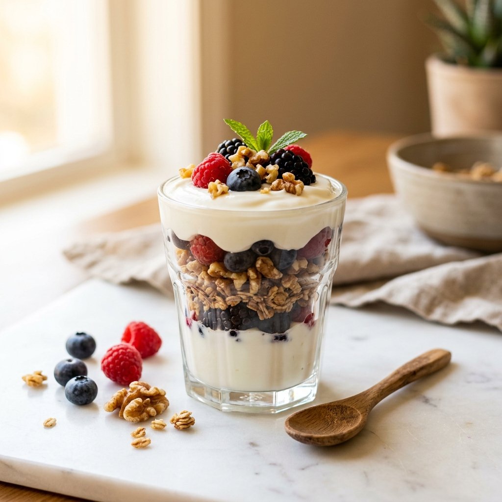 A glass of Greek yogurt parfait layered with berries and walnuts on a white marble surface with a wooden spoon nearby.