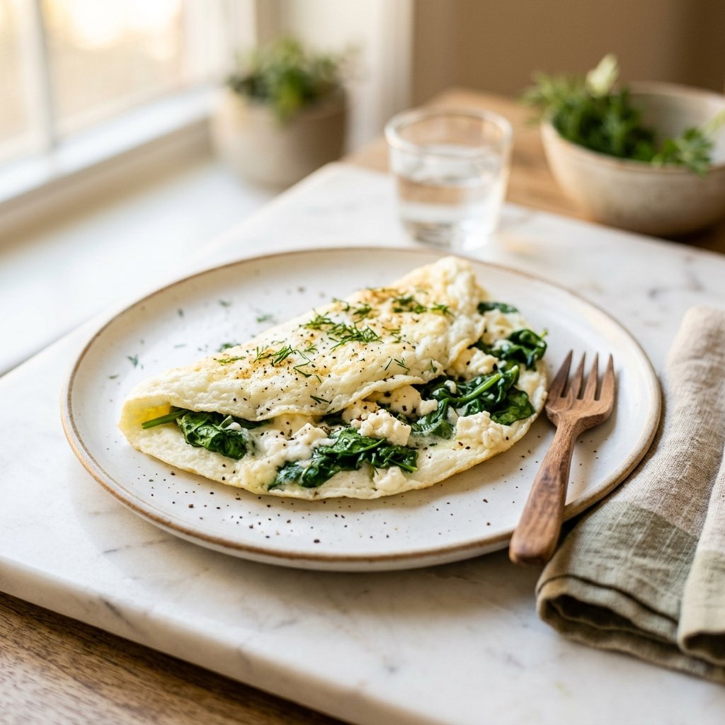 A plate with an egg white omelette filled with spinach and feta cheese on a white marble surface, accompanied by a wooden fork and a linen napkin.