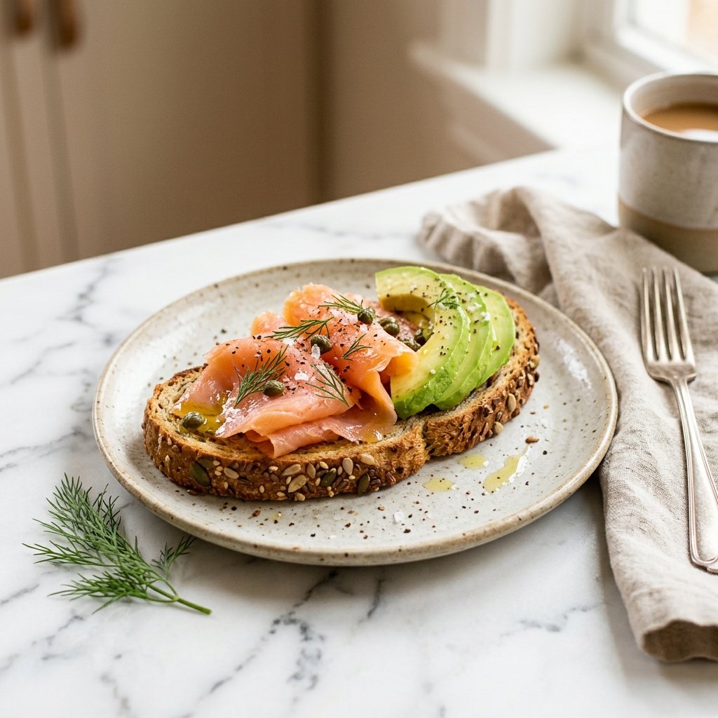 A plate of smoked salmon and avocado on whole-grain toast on a white marble surface.