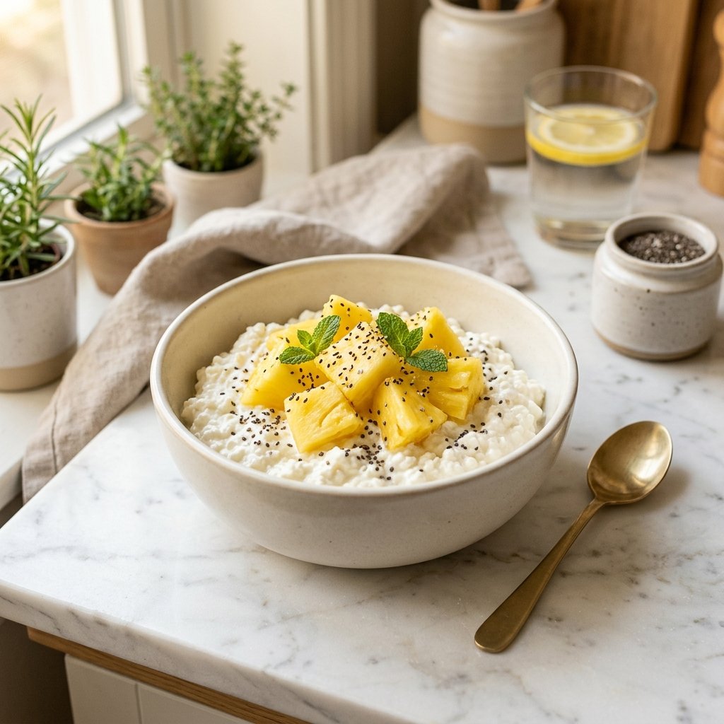 A bowl of cottage cheese topped with pineapple pieces and chia seeds on a white marble surface.