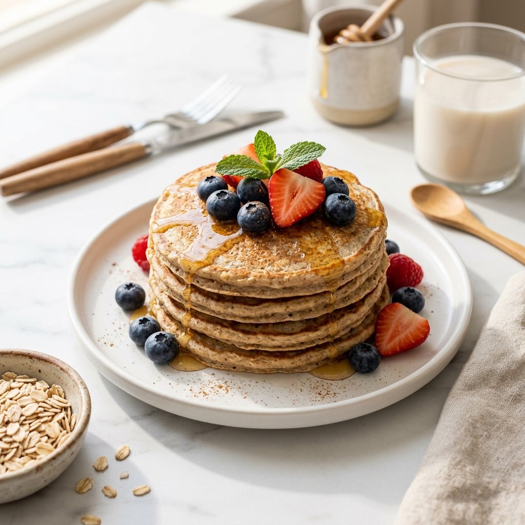 A stack of protein pancakes topped with berries and honey on a white plate, placed on a white marble surface with a small bowl of oats and a glass of almond milk nearby.