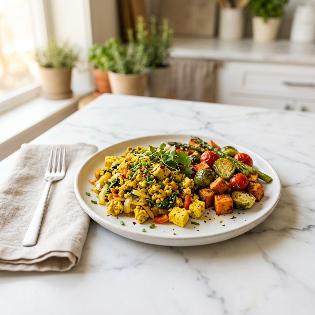 A plate of turmeric tofu scramble with roasted vegetables on a white marble surface, accompanied by a fork and a linen napkin.