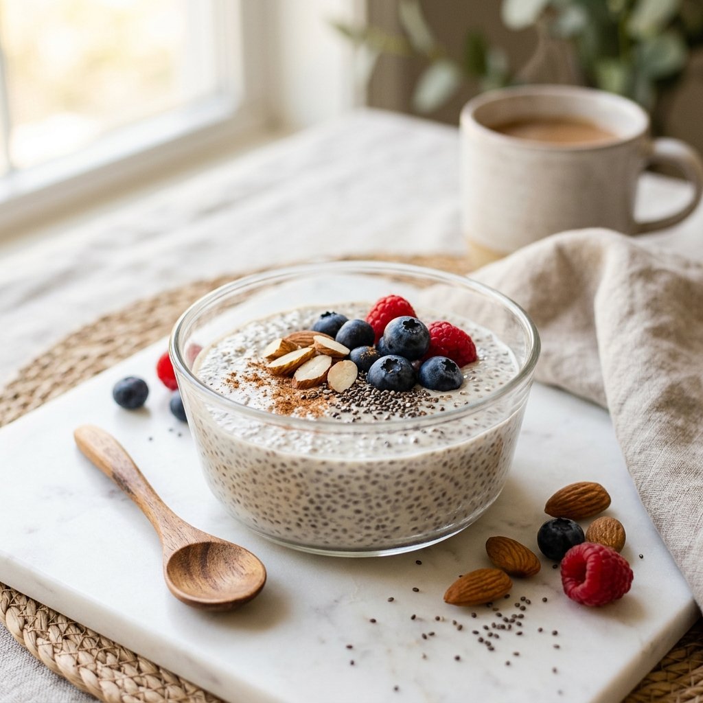 A bowl of chia seed pudding with almonds on a white marble surface, accompanied by a wooden spoon.