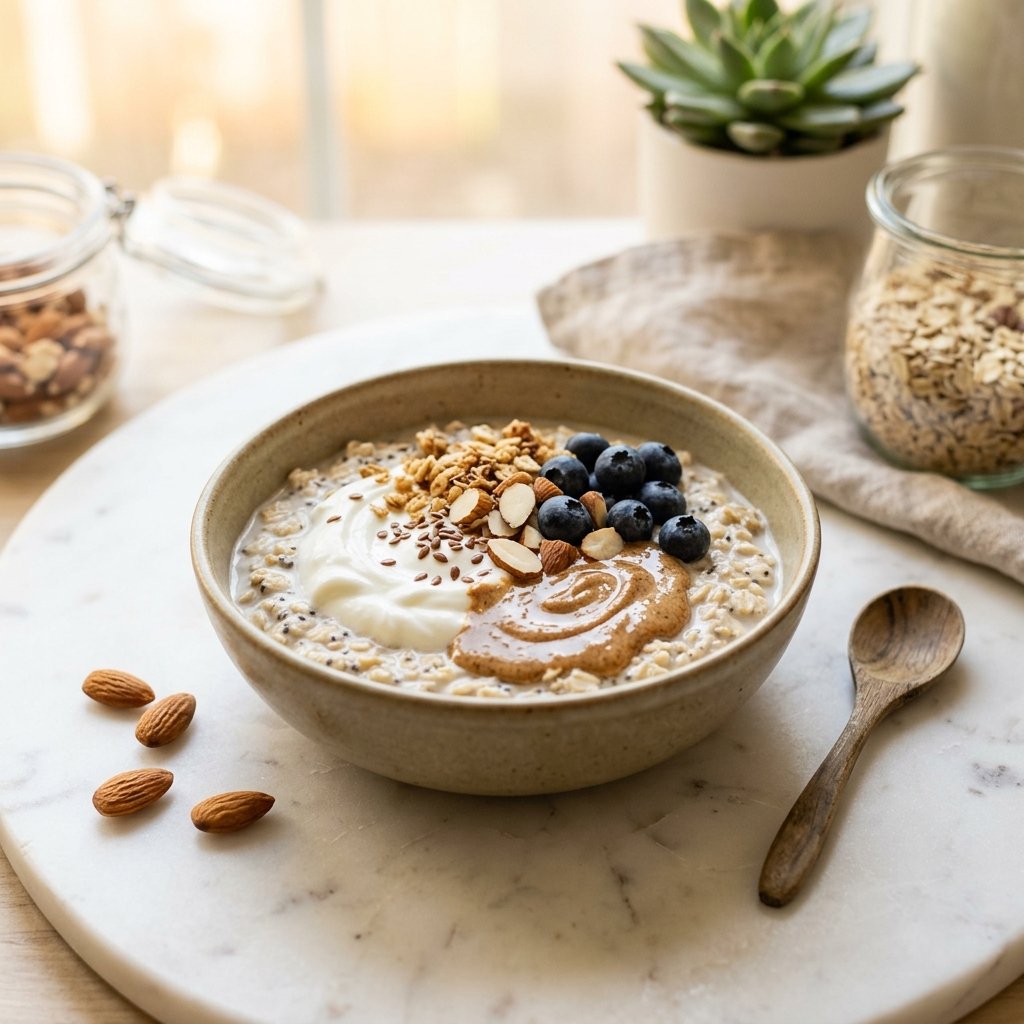 A bowl of overnight oats topped with Greek yogurt and almond butter on a white marble surface, accompanied by a wooden spoon and scattered almonds.