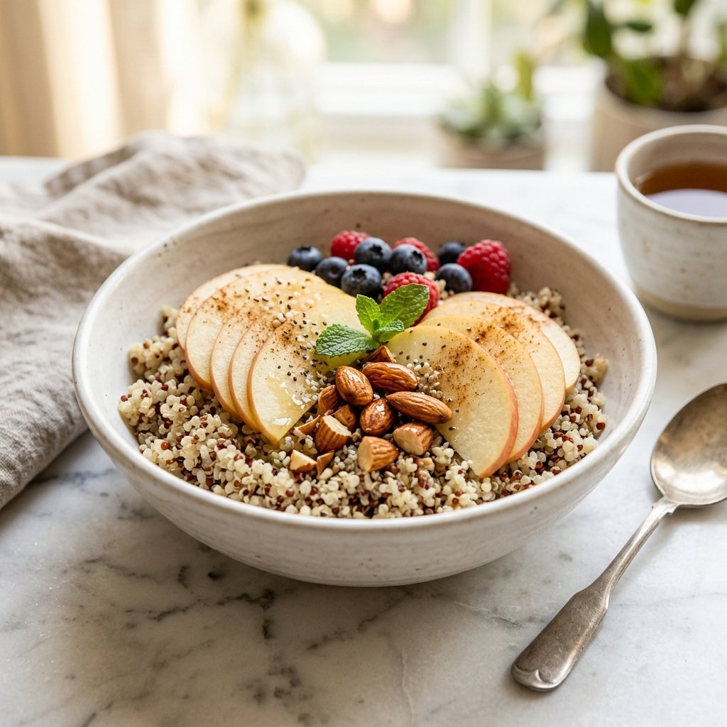 A bowl of quinoa breakfast topped with roasted almonds and sliced apple on a white marble surface.