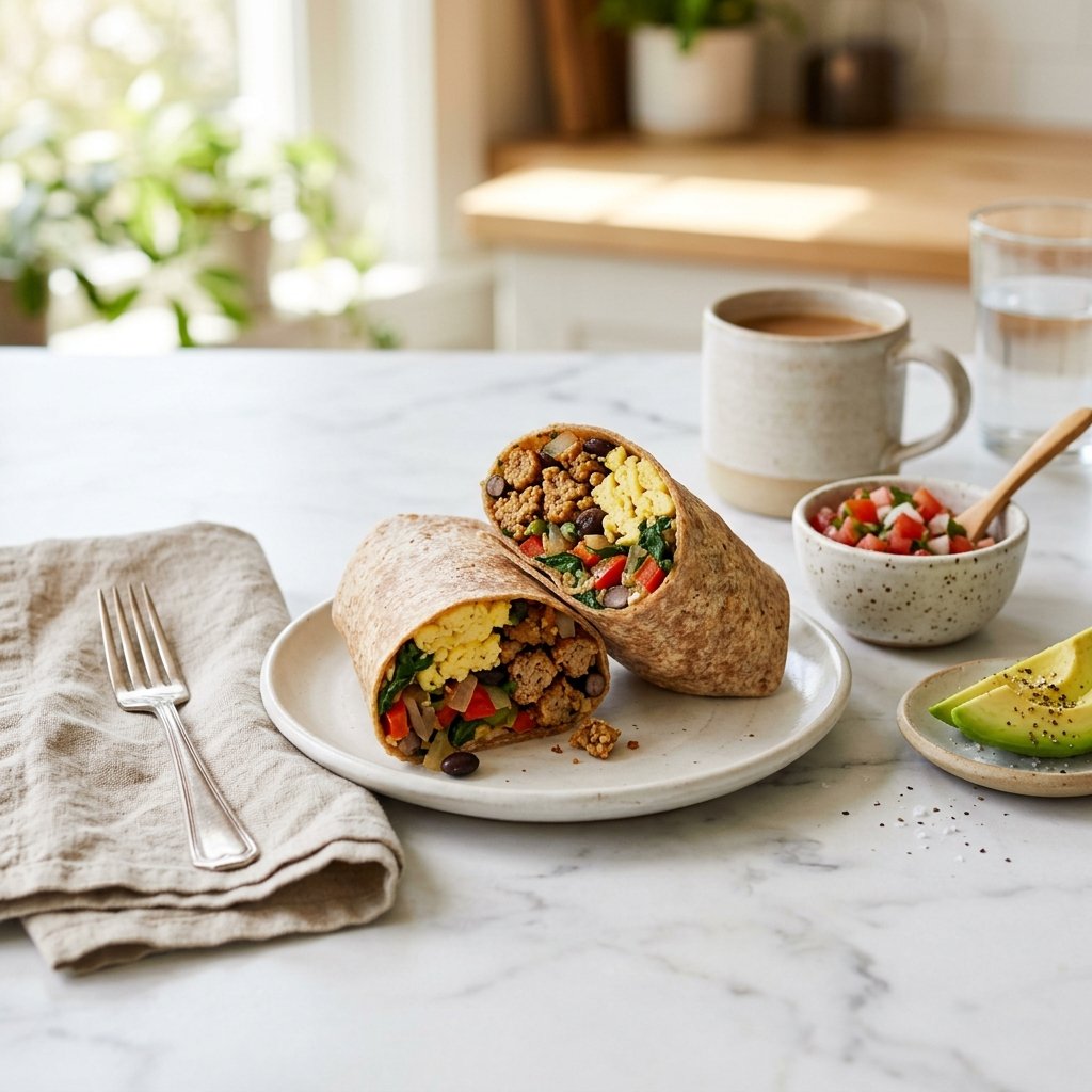A halved turkey sausage and egg breakfast burrito on a white marble surface with a small bowl of salsa and a linen napkin nearby.