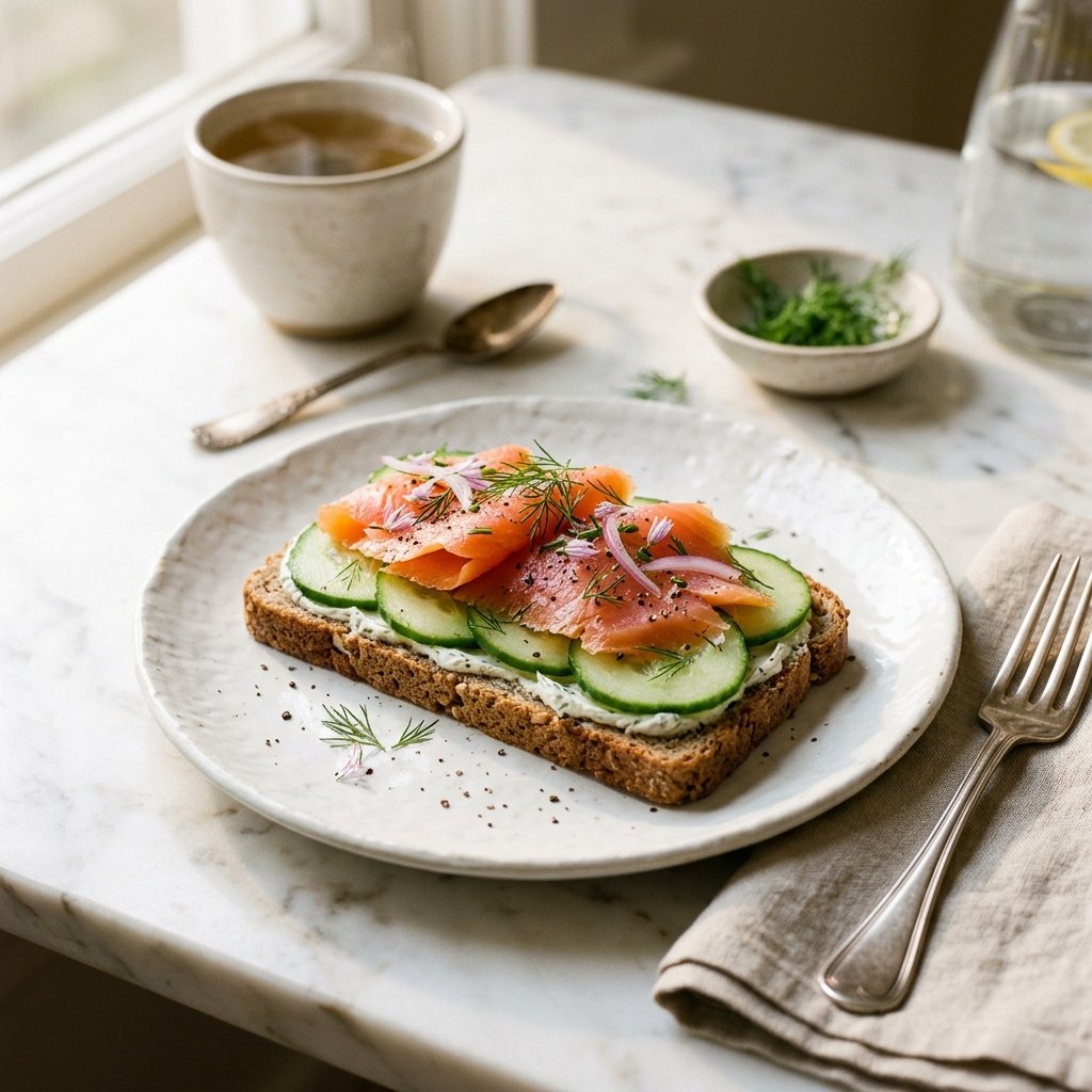 An open-faced sandwich with smoked trout and cucumber on rye bread, placed on a white marble surface.