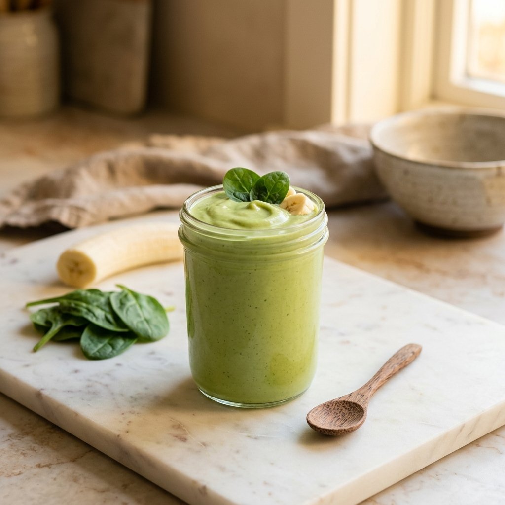 A glass jar of green smoothie with fresh spinach leaves and a banana on a white marble surface.