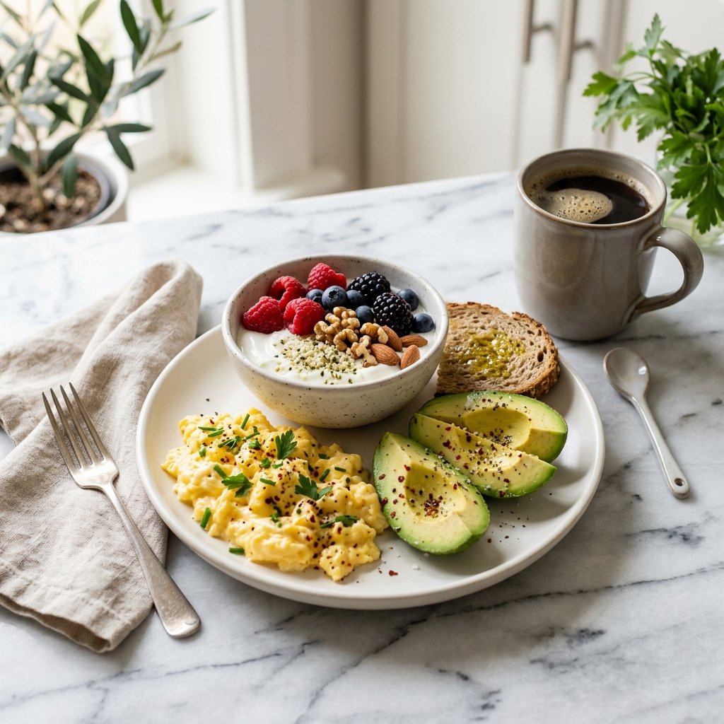 A neatly plated high-protein breakfast with scrambled eggs, Greek yogurt with berries and nuts, and avocado slices on a white marble surface, accompanied by a coffee cup and linen napkin.