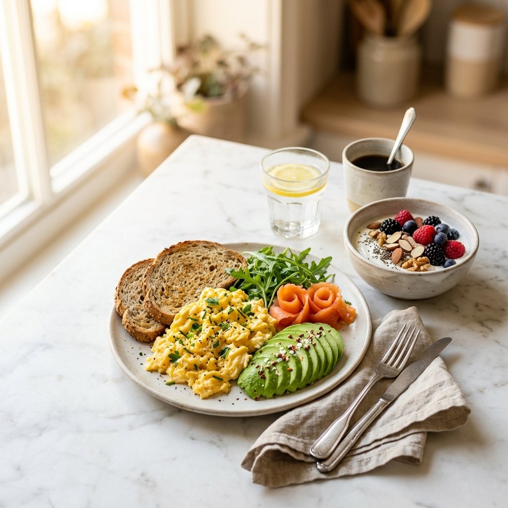 A beautifully plated high protein breakfast with eggs, Greek yogurt with berries and nuts, and avocado slices on a white marble surface.