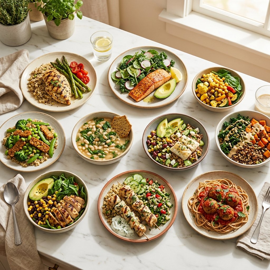 A variety of healthy high-protein lunch dishes arranged on a white marble surface, featuring grilled chicken, salads, roasted vegetables, and legumes.