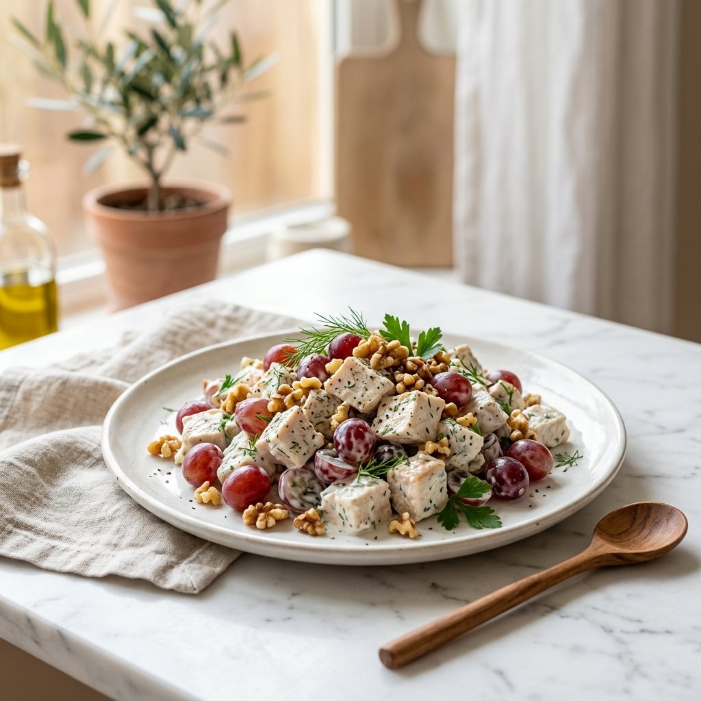 A plate of Greek yogurt chicken salad with walnuts and grapes on a white marble surface, accompanied by a wooden spoon and a folded linen napkin.