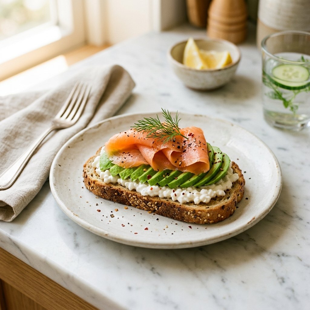 An open-faced sandwich topped with smoked salmon, avocado slices, and cottage cheese on a white marble surface with a small sprig of dill.