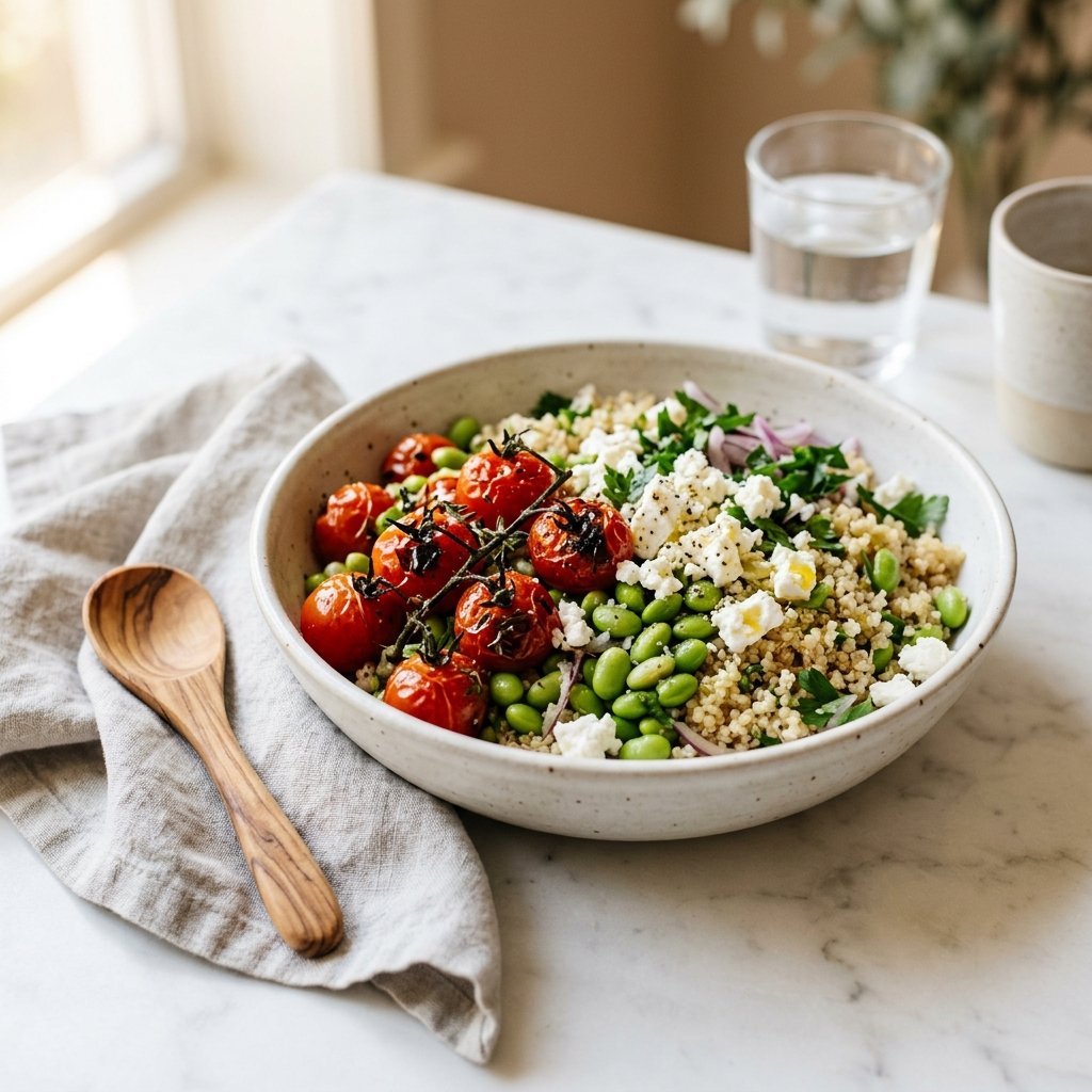 A bowl of quinoa and edamame with roasted cherry tomatoes and feta cheese on a white marble surface, accompanied by a wooden spoon and a linen napkin.