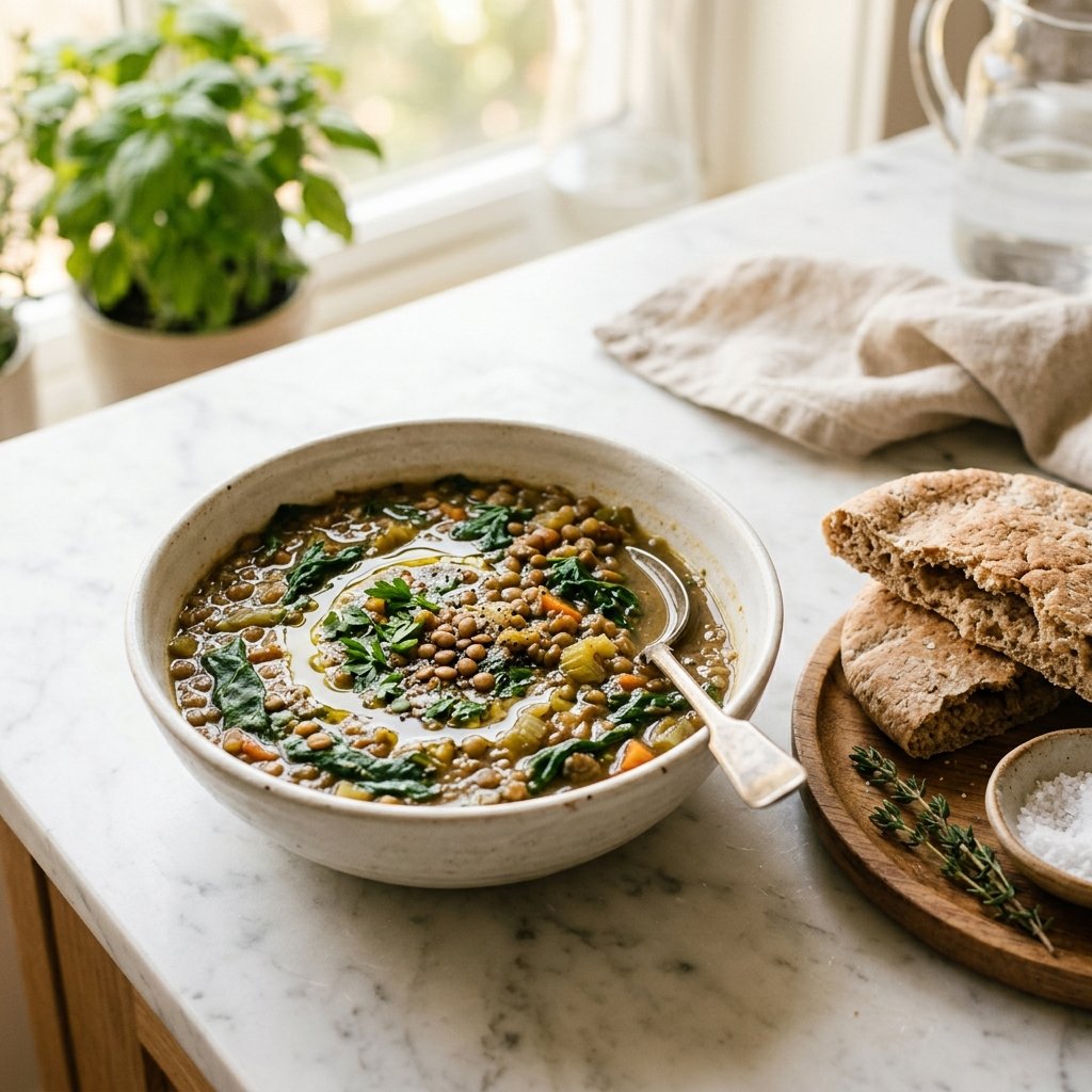 A bowl of lentil and spinach soup with whole-grain pita bread on a white marble surface.