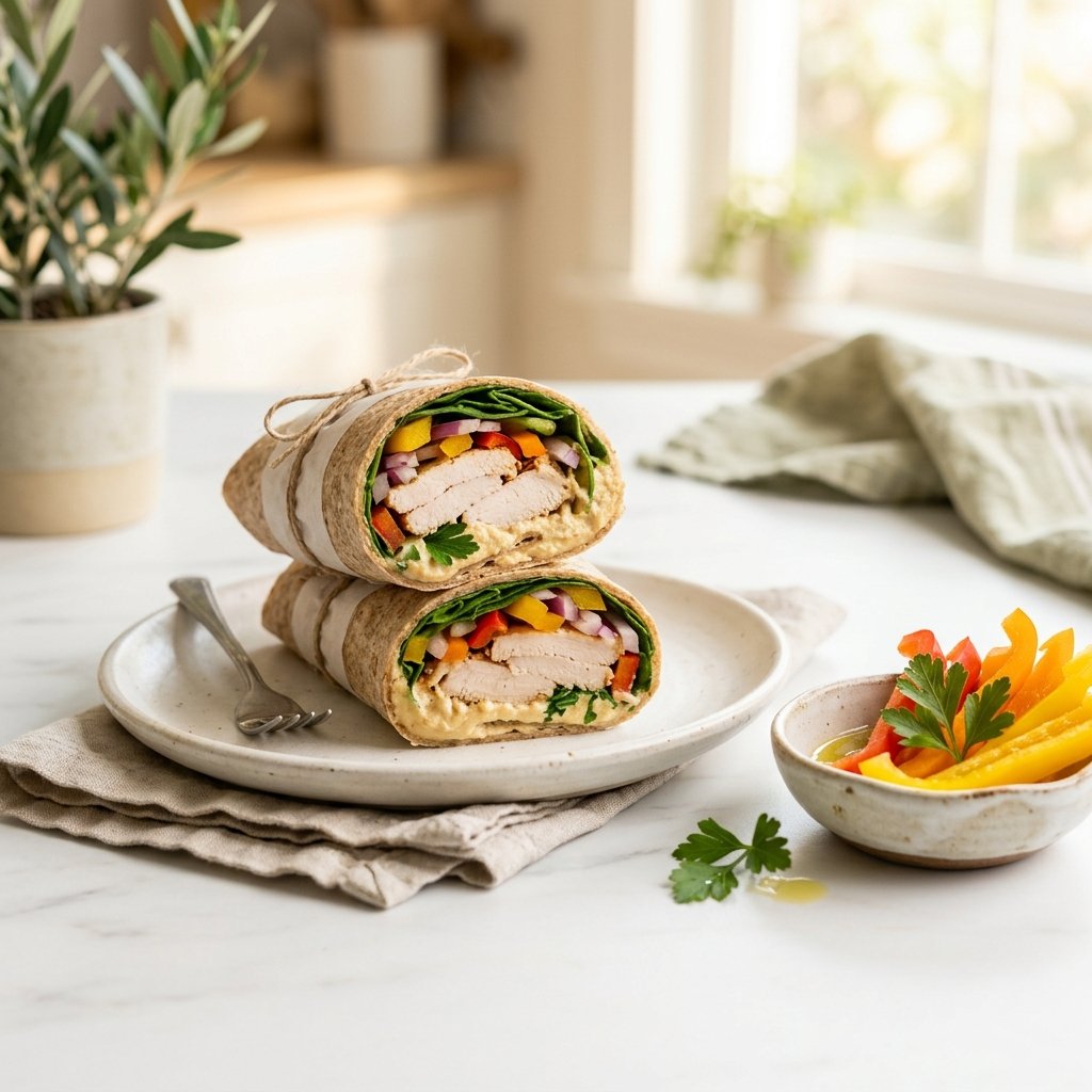 A turkey and hummus wrap served with sliced bell peppers on a white marble surface.