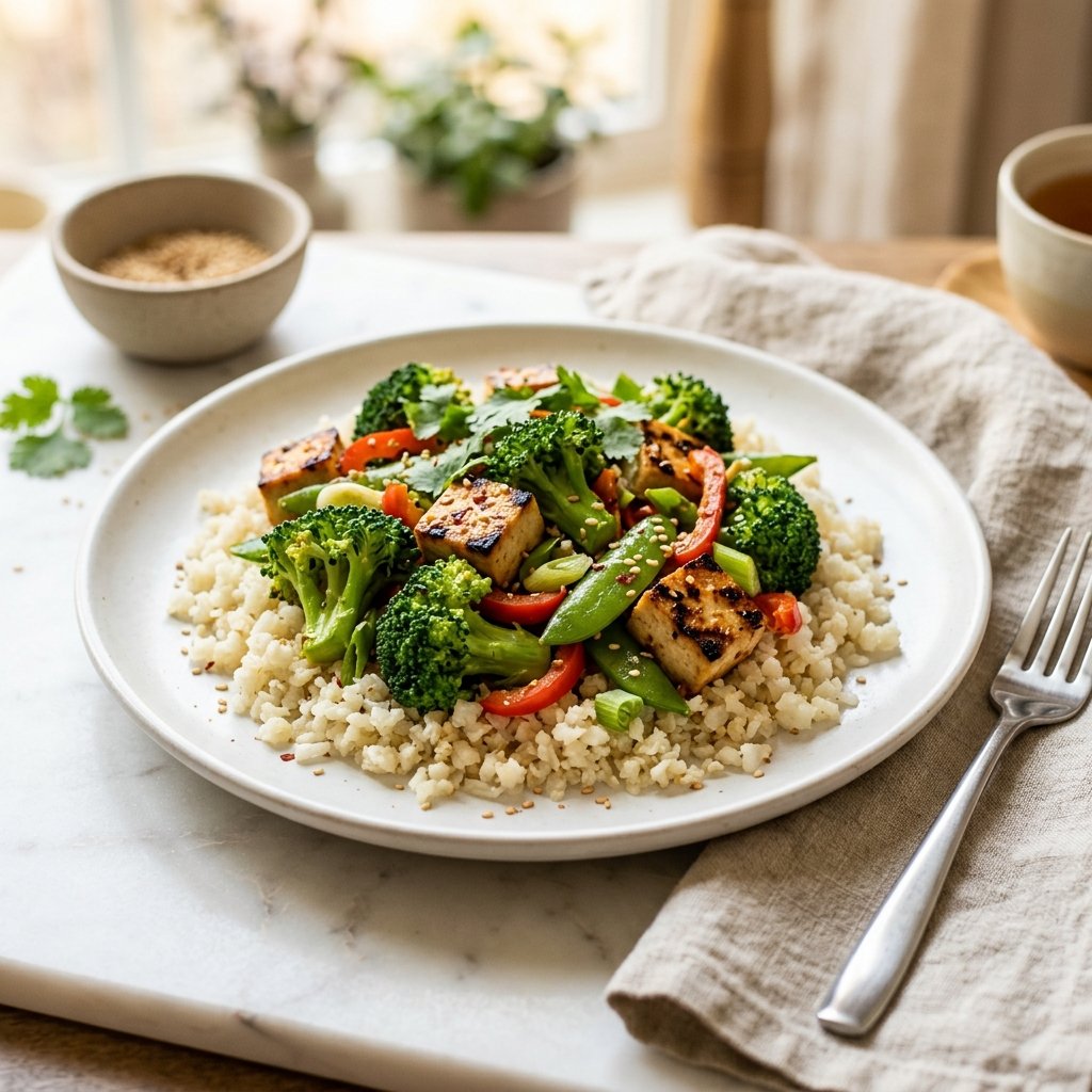 A plate of grilled tofu and broccoli stir-fry served over cauliflower rice on a white marble surface with natural light.