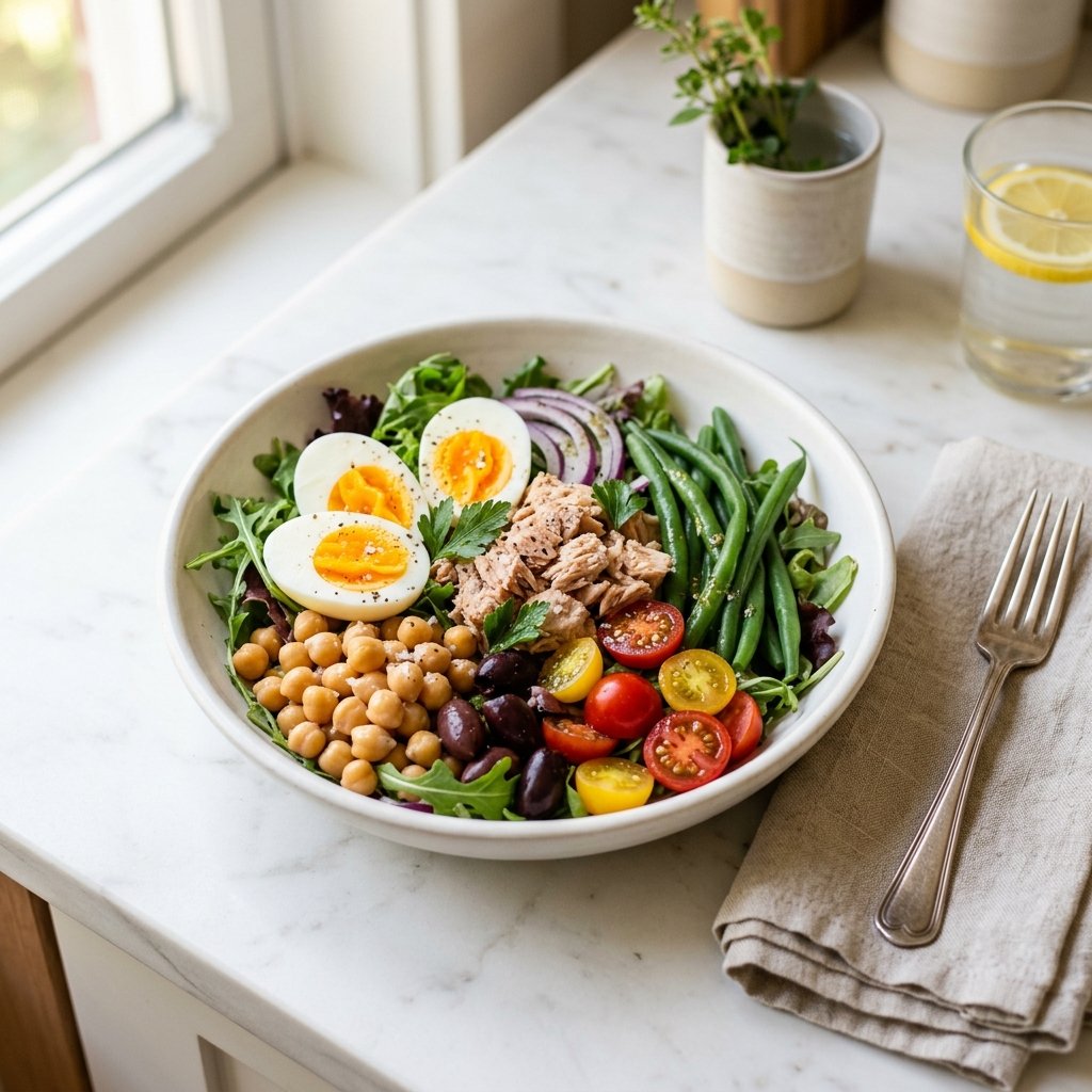 A bowl of Chickpea and Tuna Nicoise salad with hard-boiled eggs, green beans, cherry tomatoes, and olives on a white marble surface.