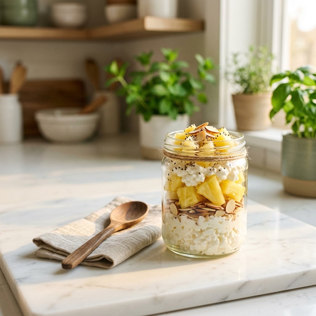 A glass jar filled with a parfait made of cottage cheese, pineapple chunks, and sliced almonds on a white marble surface with a wooden spoon beside it.