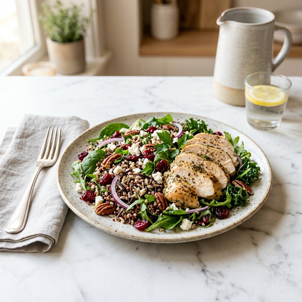 A plate of chicken, wild rice, and cranberry salad with mixed greens on a white marble surface.