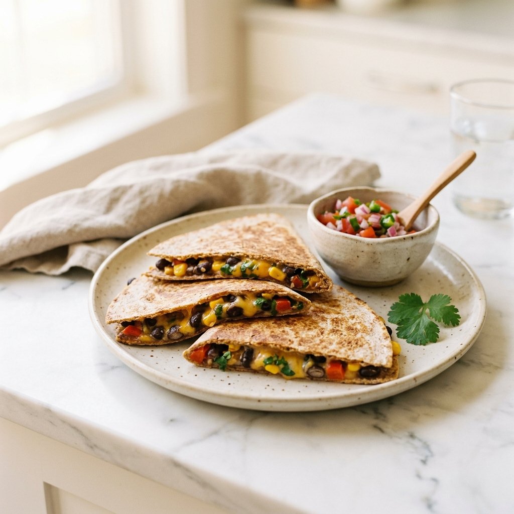 A plate with black bean and corn quesadilla slices on a whole-wheat tortilla, placed on a white marble surface with a small bowl of salsa in the background.