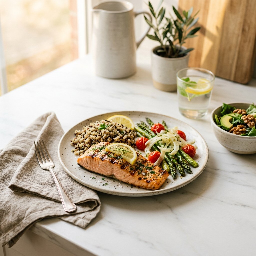 A beautifully plated high-protein lunch with grilled chicken, vegetables, and grains on a white marble surface, illuminated by warm natural light.