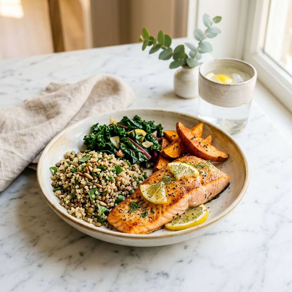 A beautifully plated high-protein lunch with grilled chicken, roasted vegetables, and quinoa on a white marble surface.