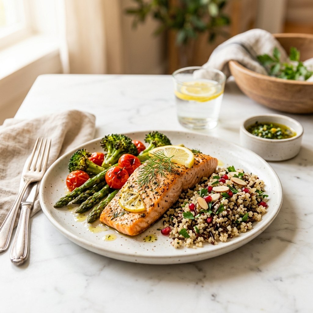 A plated high-protein dinner with grilled salmon, roasted vegetables, and whole grains on a white marble surface.