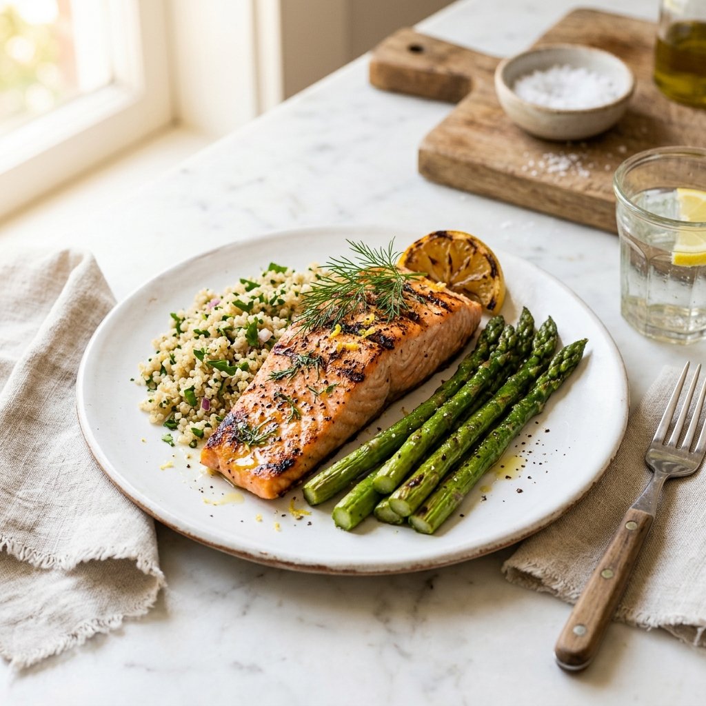 A plate with grilled salmon, quinoa, and asparagus on a white marble surface.