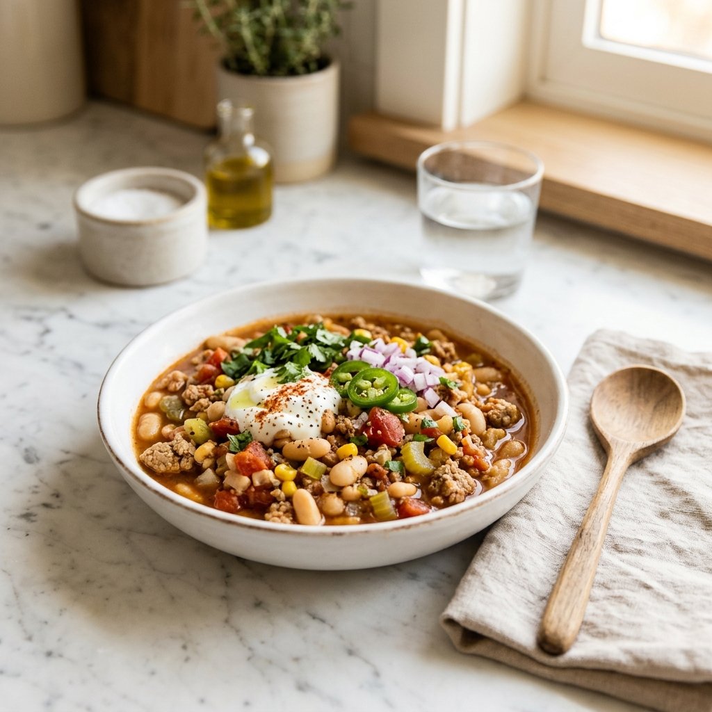A bowl of turkey and white bean chili garnished with herbs on a white marble surface with a wooden spoon and beige napkin nearby.